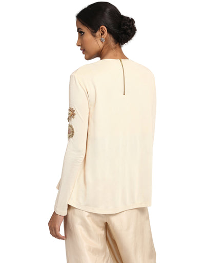 Asymmetric T-Shirt with Bejeweled Neckline- Ivory