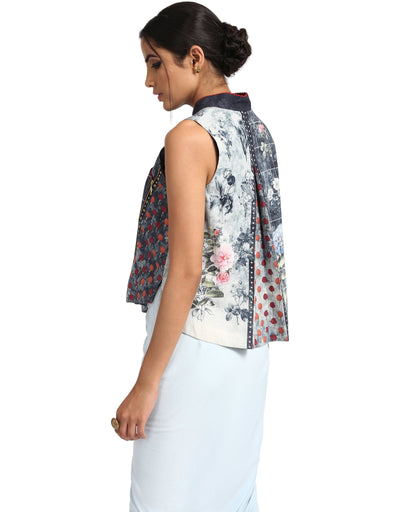 Biker Style Gilet with Star Studded Seam Details- Teal