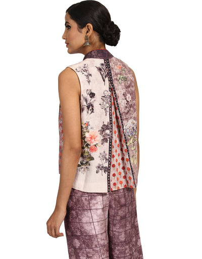 Biker Style Gilet with Star Studded Seam Details- Aubergine