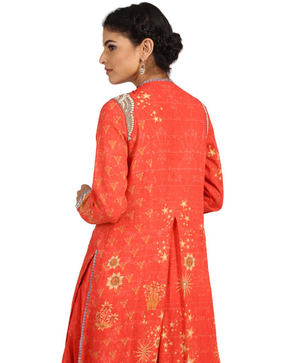 Asymmetric Draped Kurta Set in Khadi- Coral Pink