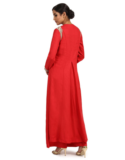 Draped Long Kurta Set with Asymmetric Drape- Red