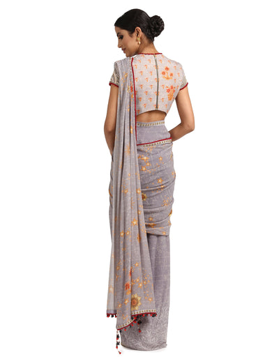 Draped Saree with Embroidered Wasitband- Grey