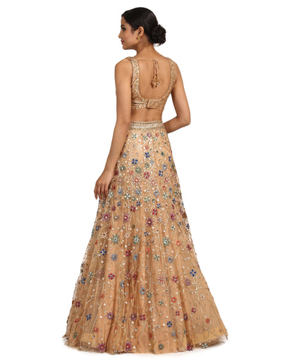 Handcrafted Lehenga with Sequin Blouse- Peach