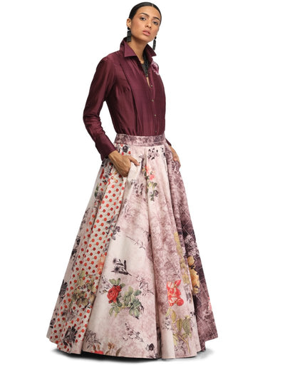 Draped Lehenga with Shirt- Aubergine