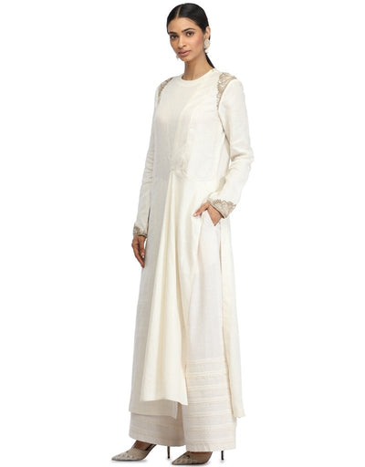 Draped Long Kurta Set with Asymmetric Drape- Ivory