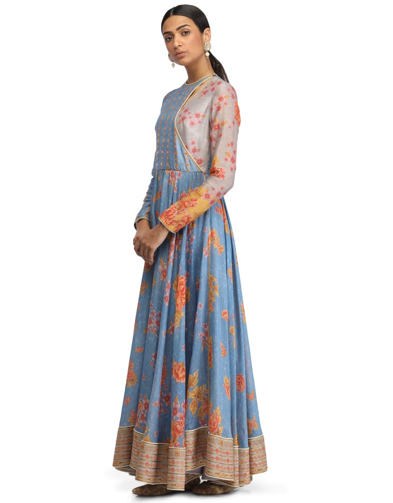 Circular Anarkali with Angrakha Style Neckline- Blue Fastor Circular Anarkali with Angrakha Style Neckline- Blue Fastor