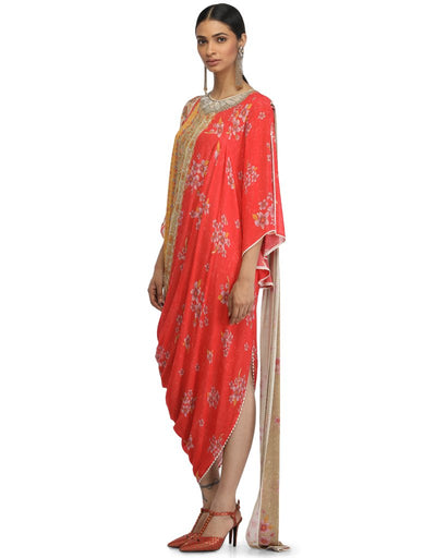 Draped Dress with Mural Print- Red