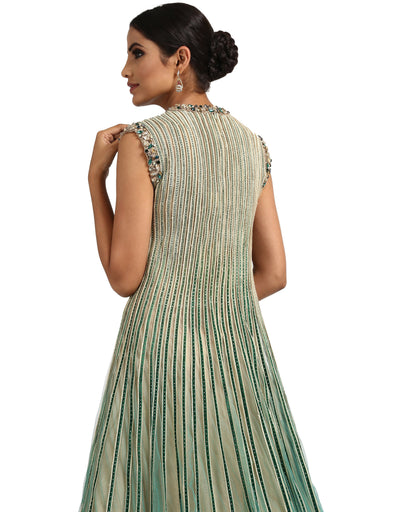 Tulle Kalidar Kurta with Churidar- Aqua To Teal