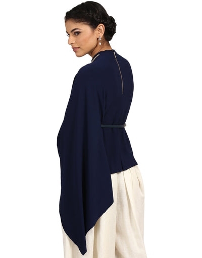One-Shoulder Cape T-Shirt- Navy