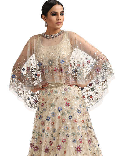 Embellished Cape with Hand Embroidery- Ivory