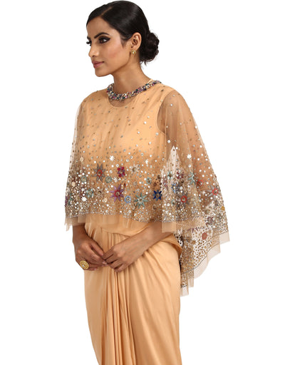 Embellished Cape with Hand Embroidery- Peach