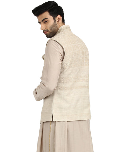 Classic Nehru Jacket with Embroidered Collar- Taupe