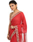Embroidered Saree with Star & Floral Graphics- Coral Pink