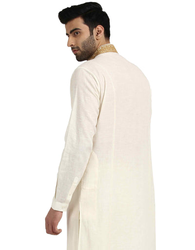 Classic Kurta Set with Embroidered Collar- Ivory