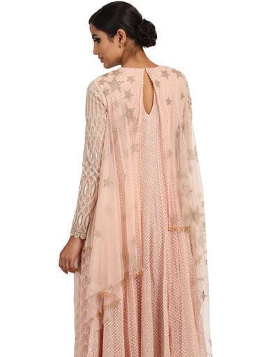 Textured Net Kurta with Dhoti Pants- Blush