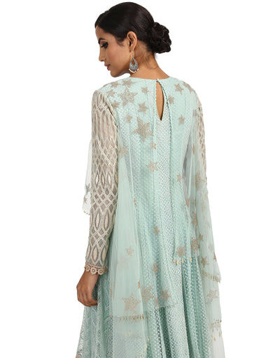 Textured Net Kurta with Dhoti Pants- Mint Green