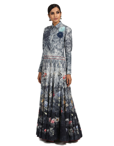 Floral Print Panelled Dress- Teal