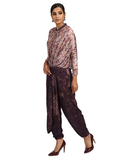 Draped Jumpsuit with 3D Embroidered Flowers- Aubergine