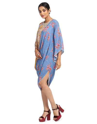 Draped Dress with Mural Print- Blue