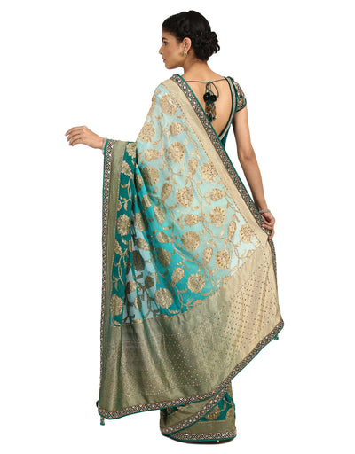 Ombre Brocade Saree- Aqua To Teal