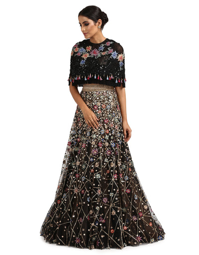 Embroidered Lace Cape- Black