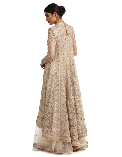 Asymmetric Kurta with Sharara and Dupatta- Ivory