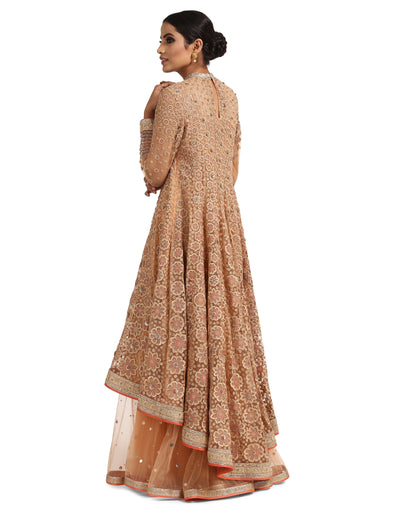 Asymmetric Kurta with Sharara and Dupatta- Peach