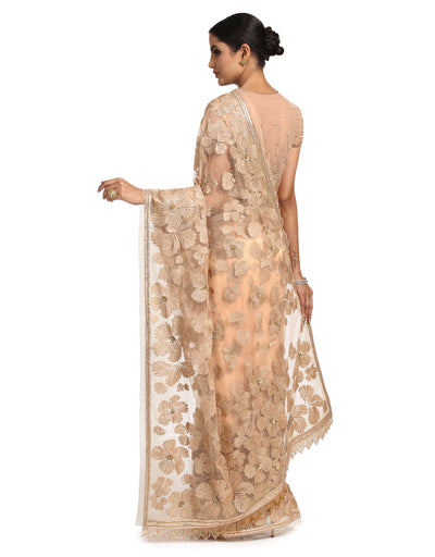 Hand-Embroidered Saree Set- Peach