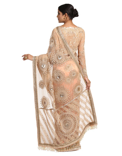 Embroidered Tulle Saree- Peach