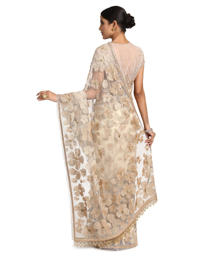 Hand-Embroidered Saree Set- Ivory