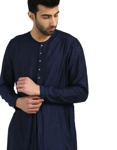 Asymmetric Kurta Set with Centre Drape- Navy