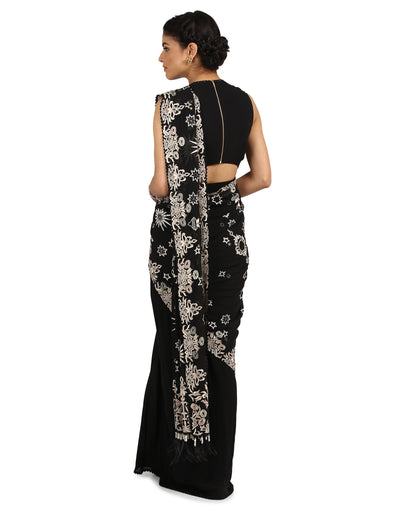 Drape Embroidered Saree- Black
