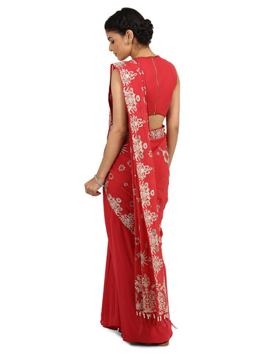 Drape Embroidered Saree- Coral Pink