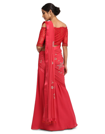 Star Embroidered Saree- Coral Pink