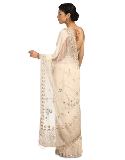 Embroidered Saree with Star & Floral Graphics- Ivory