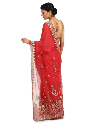 Embroidered Saree with Star & Floral Graphics- Coral Pink