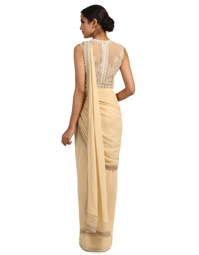 Drape Saree with Embroidered Bodysuit- Antique Beige