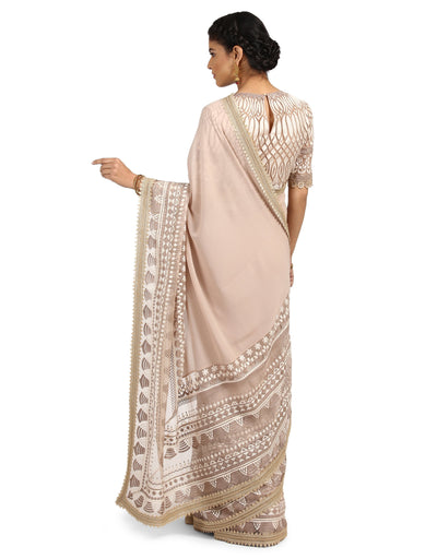 Embroidered Saree with Blouse- Ivory