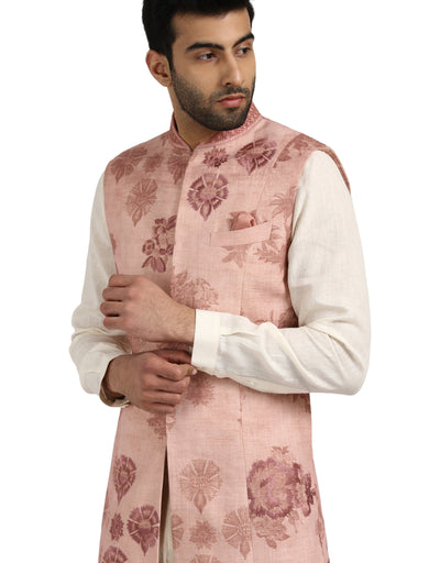 Sherwani Set with Embroidered Print - Salmon