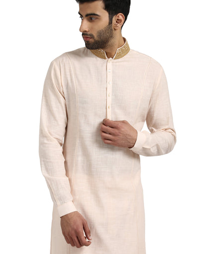 Classic Kurta Set with Embroidered Collar- Light Pink