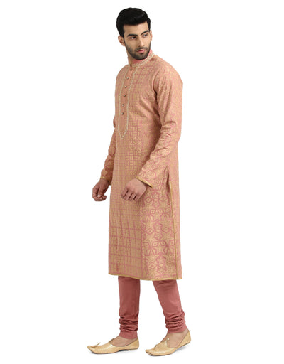 Embroidered Applique Kurta Set- Salmon
