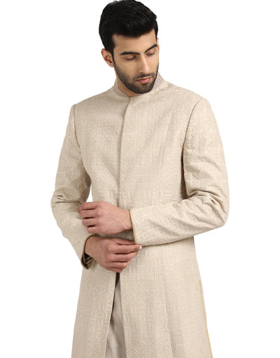 Sherwani Set with Quilted Applique Embroidery- Salmon