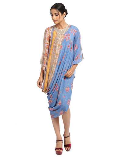 Draped Dress with Mural Print- Blue