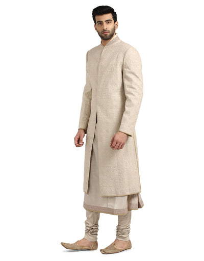 Sherwani Set with Quilted Applique Embroidery- Salmon