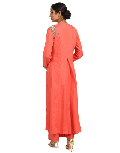 Draped Long Kurta Set with Asymmetric Drape- Coral Pink