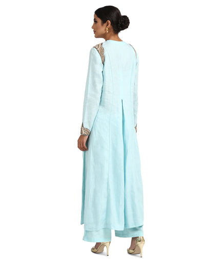 Draped Long Kurta Set with Asymmetric Drape- Ice Blue