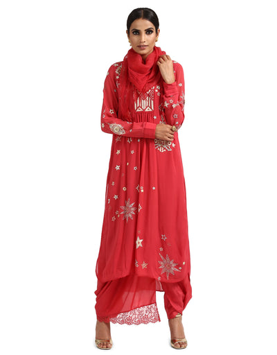 Graphic Embroidered Kurta Set with Dhoti Pants- Coral Pink