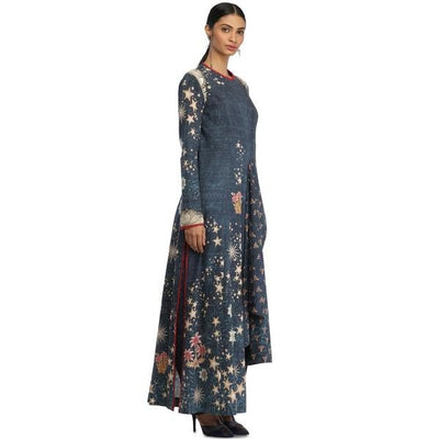 Asymmetric Draped Kurta Set in Khadi- Blue