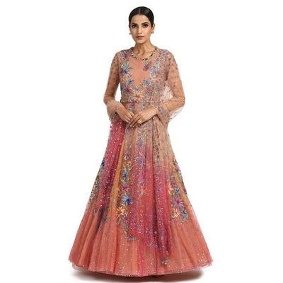 Bejeweled Anarkali Set- Peach To Grey