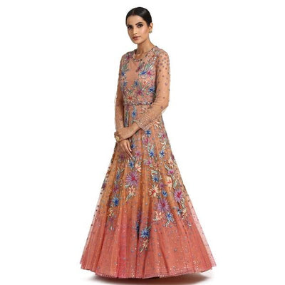Bejeweled Anarkali Set- Peach To Grey